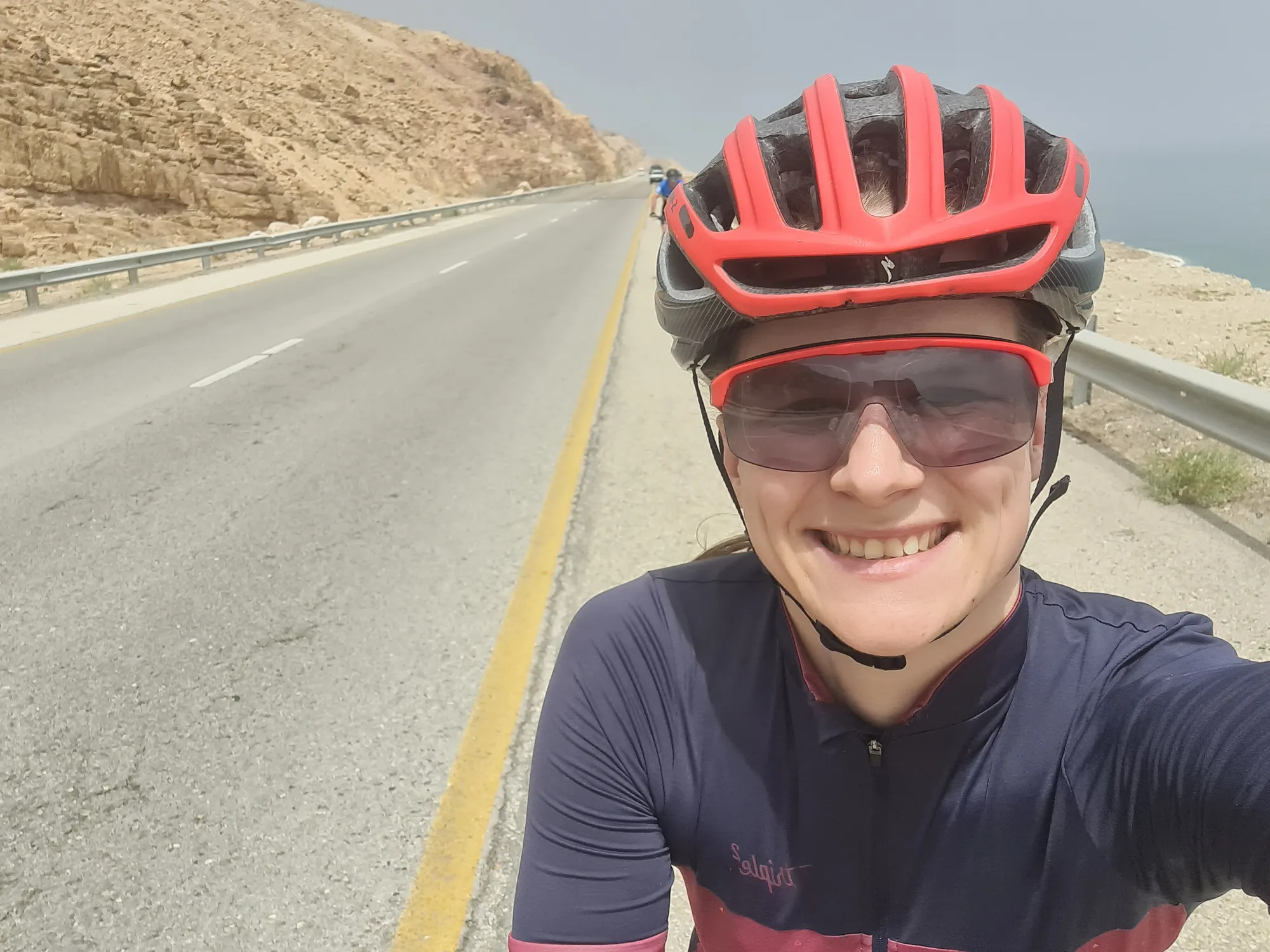 Selfie with helmet and sunglasses on the Dead Sea Highway