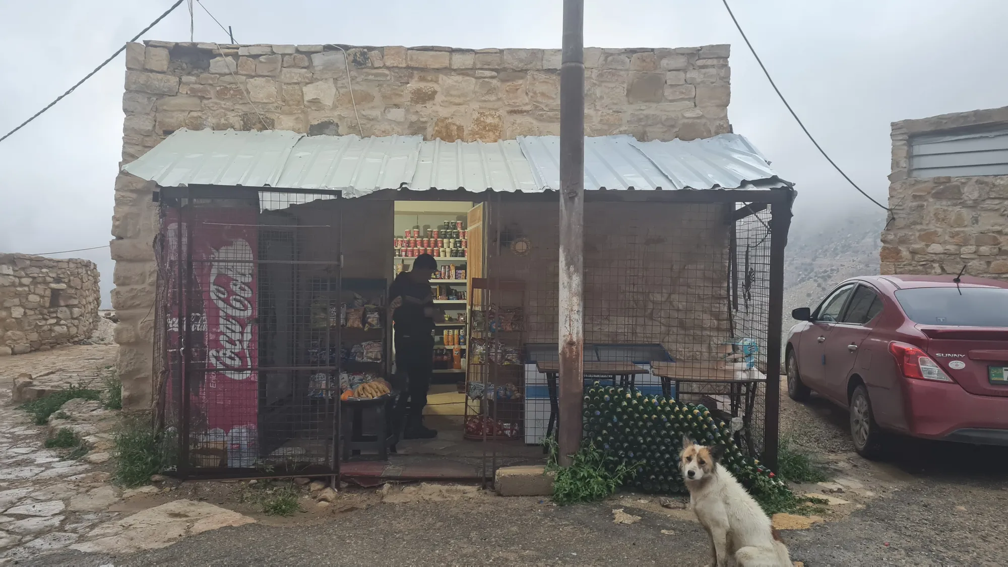 Small shop in the fog, a dog sitting outside