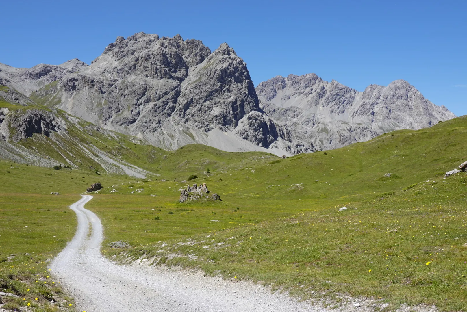 Gravel track through the wide meadows of Val Mora