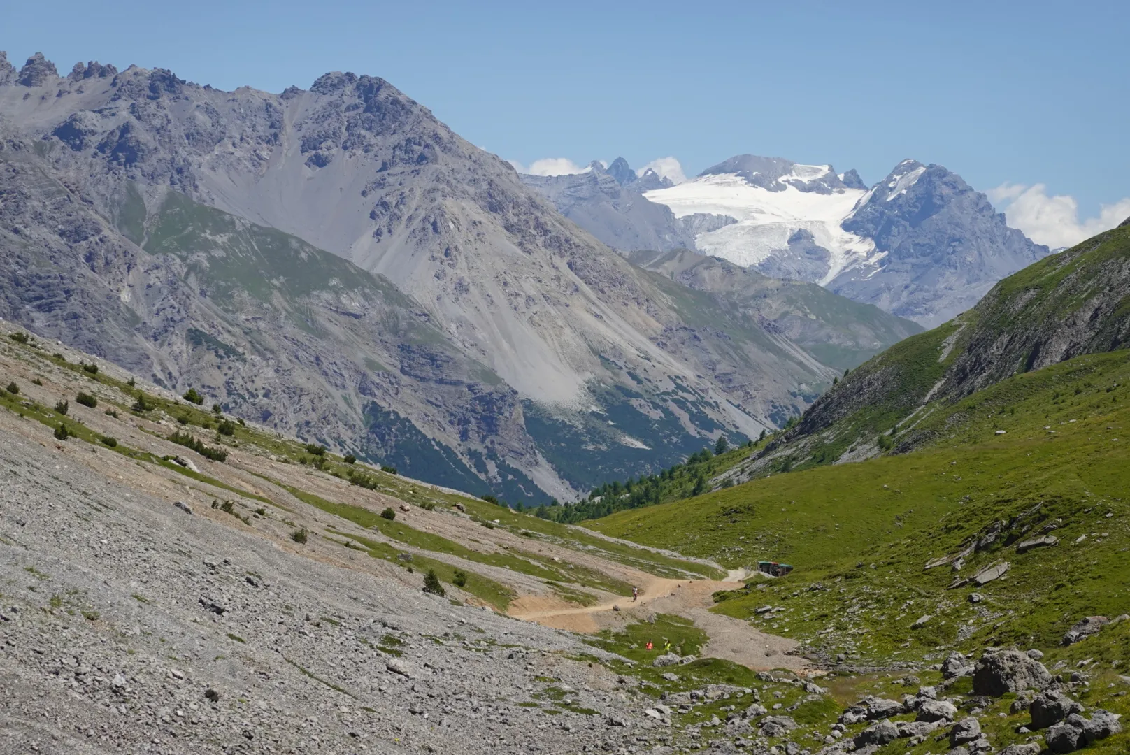 View across a high valley to glaciated peaks