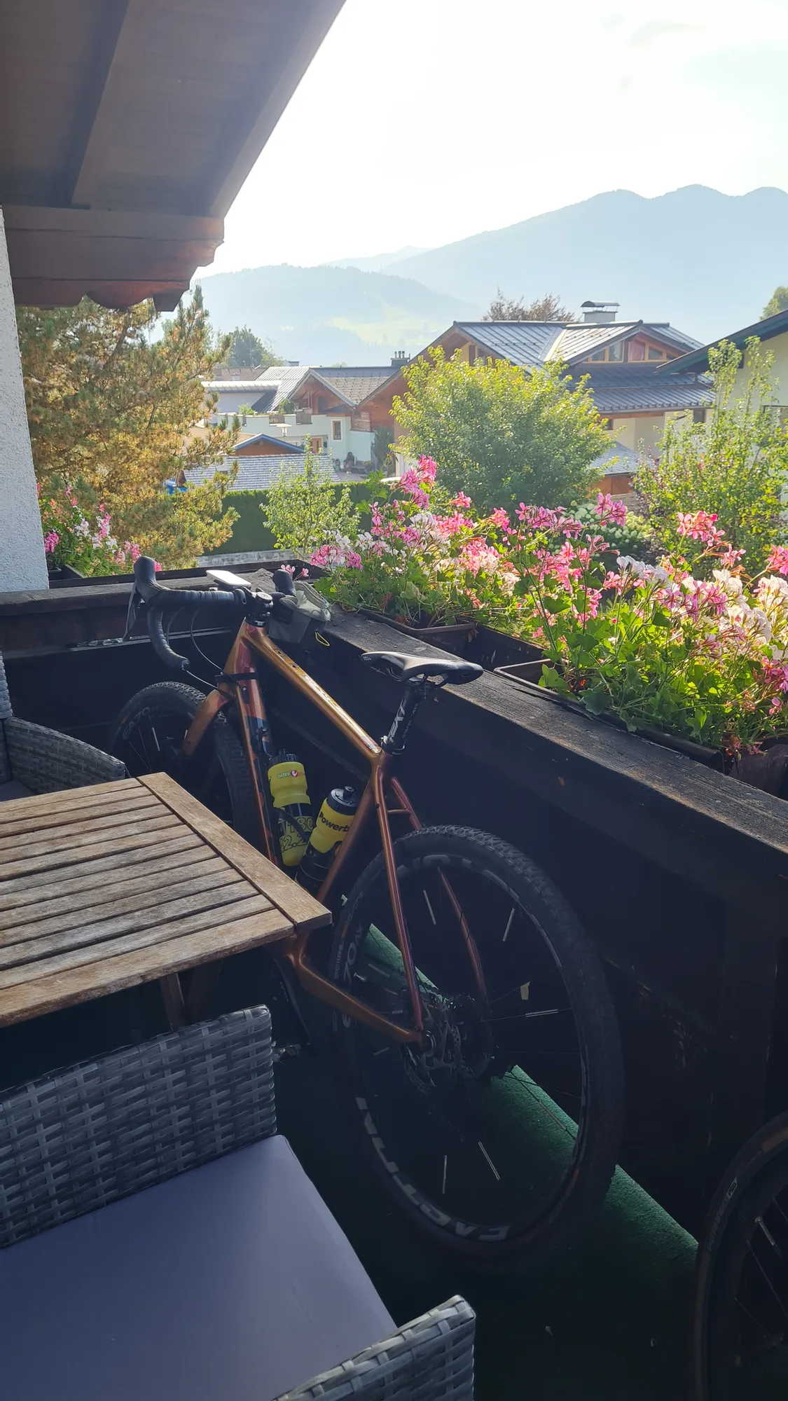 Gravel bike on the balcony between geraniums, mountains behind