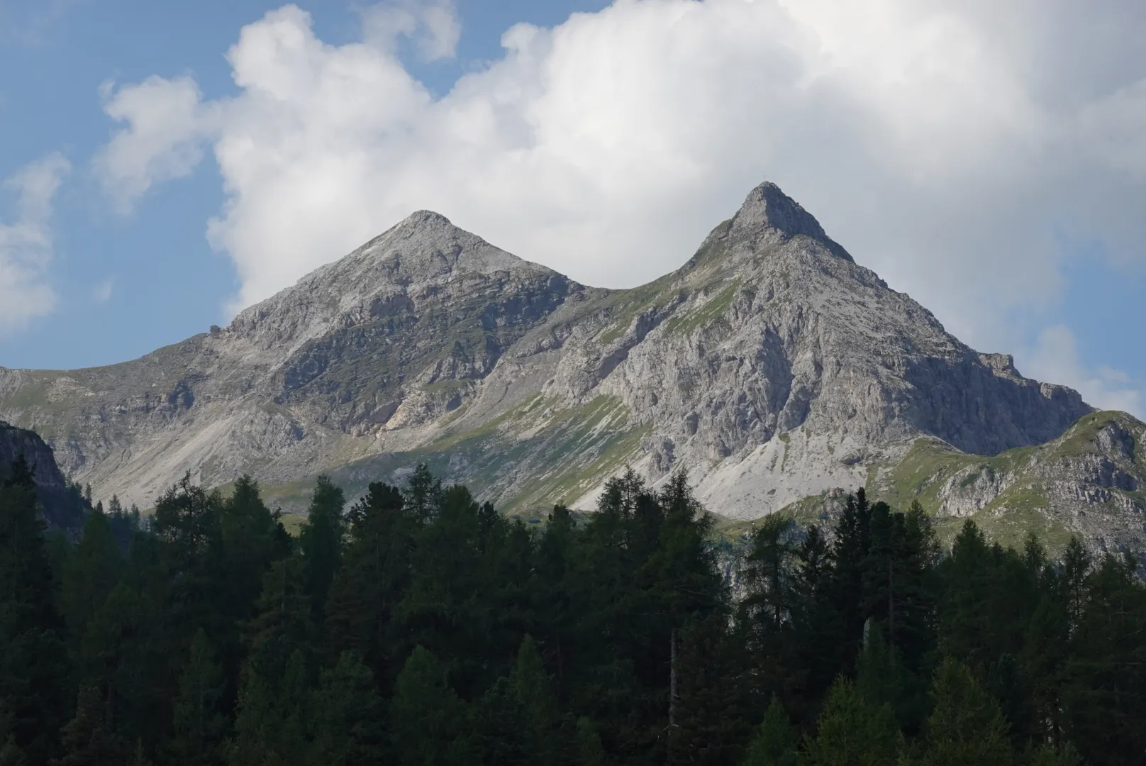 Two grey rocky peaks above dark spruce forest