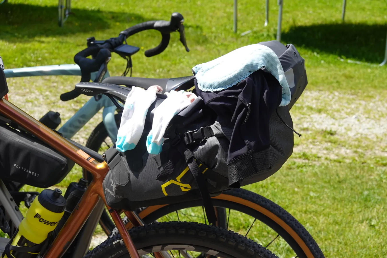 Socks drying on the saddle bag