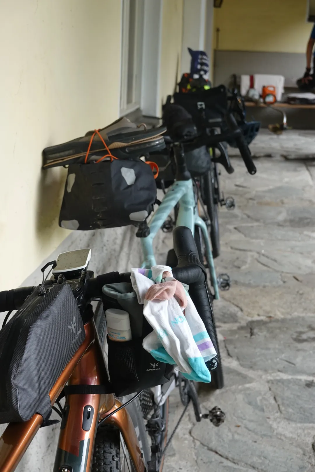 Loaded bikes in a hallway