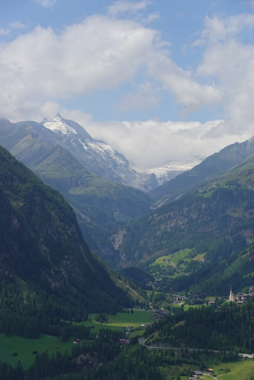 View down to Heiligenblut, glaciated peaks above
