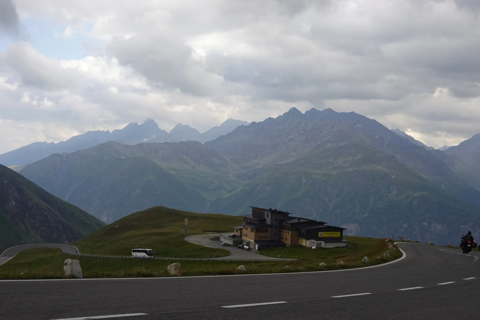 Hairpin of the High Alpine Road, a jagged ridge behind