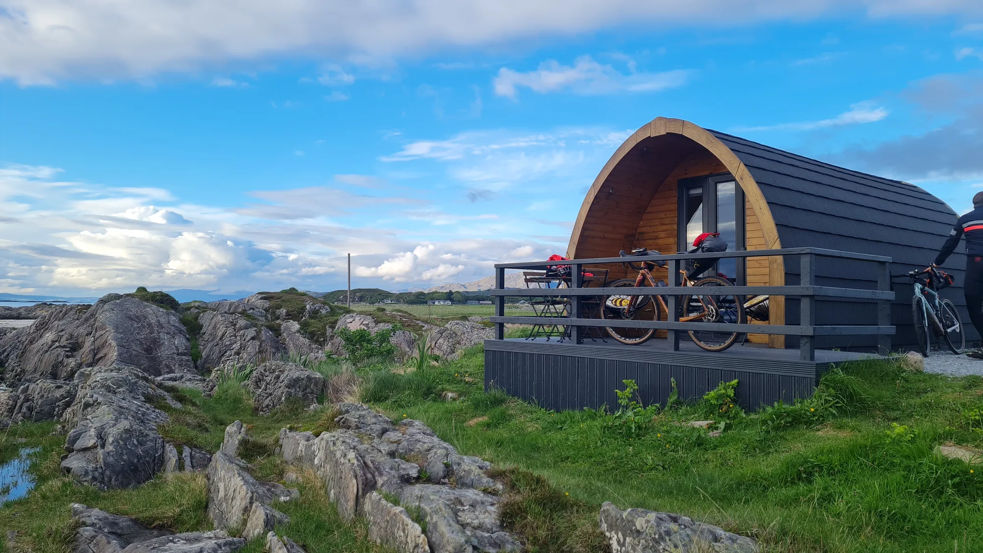 Wooden glamping pod on the rocks on the coast near Arisaig