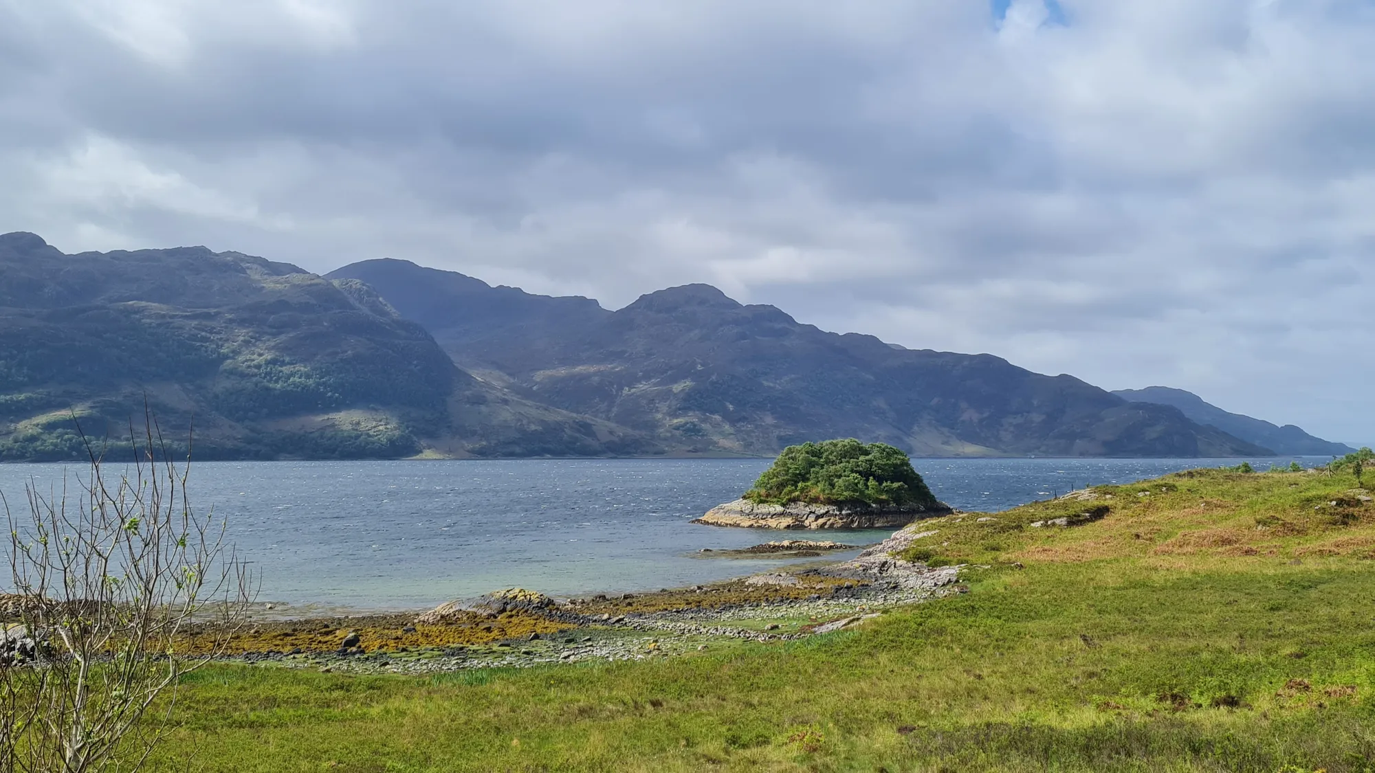 Coastline with a small island and mountains across the loch