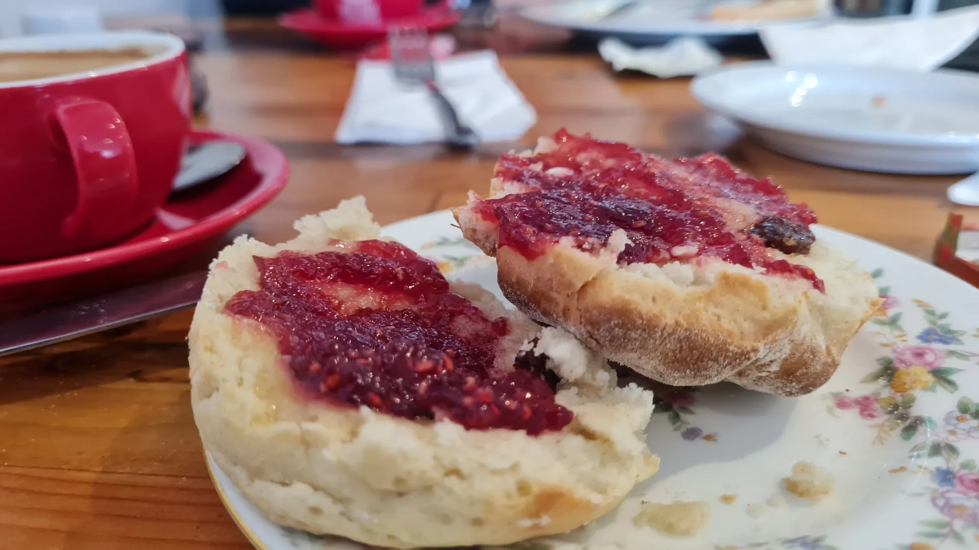 Scones with jam and coffee for breakfast