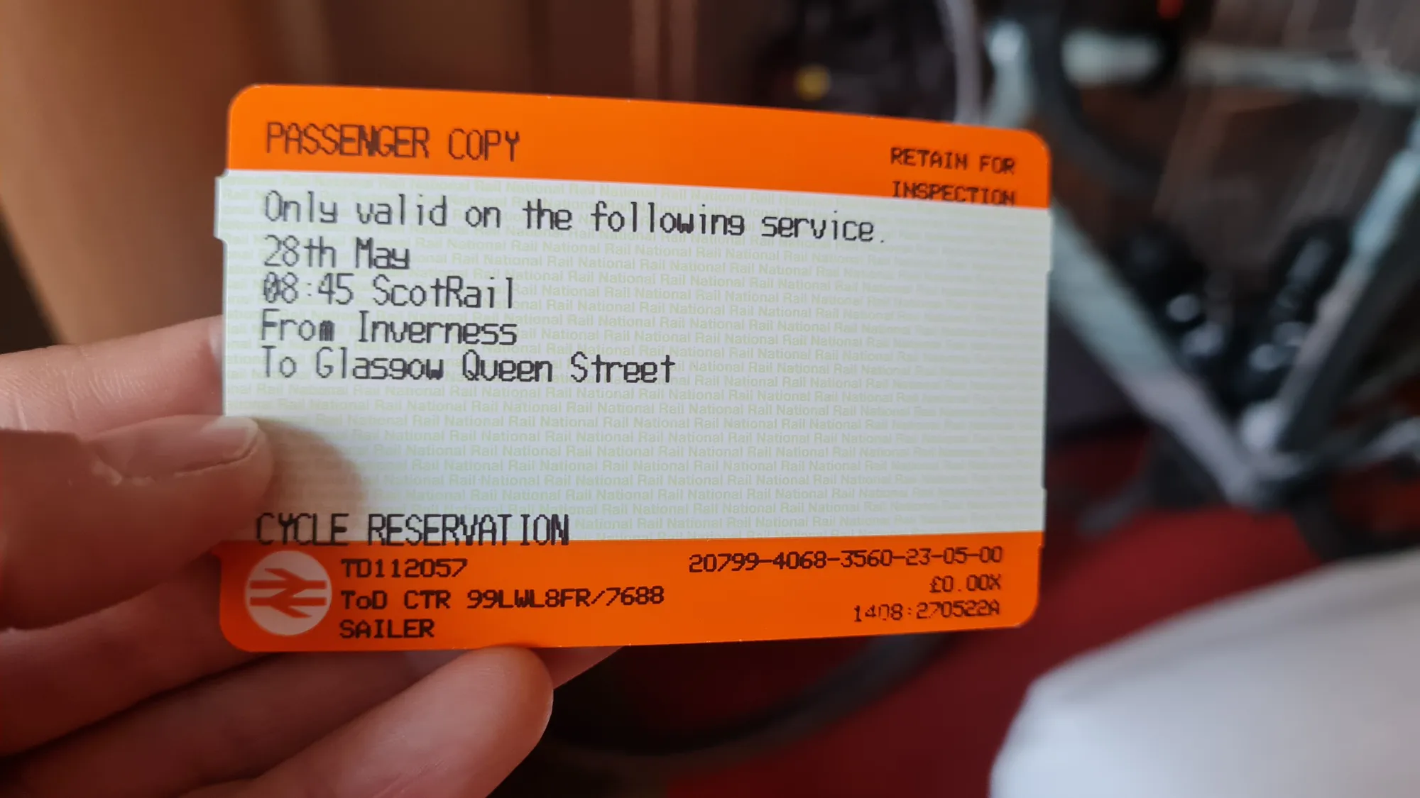 Train ticket from Inverness to Glasgow with a cycle reservation