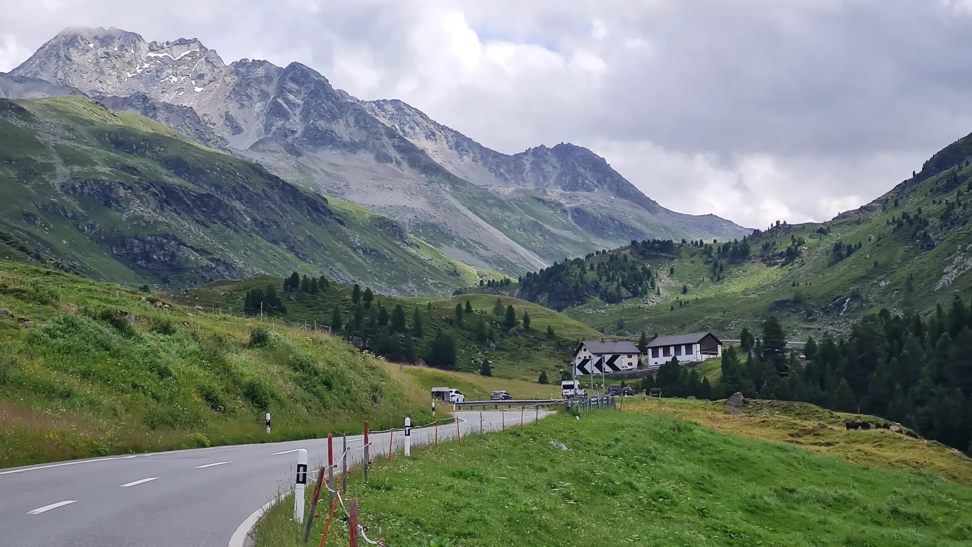 The Flüela road winding up through green meadows